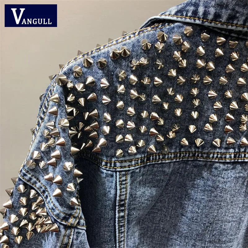 

VANGULL Women Denim Jacket With Rivet 2019 Spring Streetwear Long Sleeve Pockets Ladies Jean Jackets Loose Short Outwear Femme