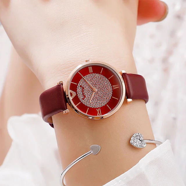 Лидирующий бренд, женские наручные часы из розового золота, для женщин, relogio feminino, Роскошные, с бриллиантами, с магнитной сеткой, кварцевые часы, reloj mujer - Цвет: leather red