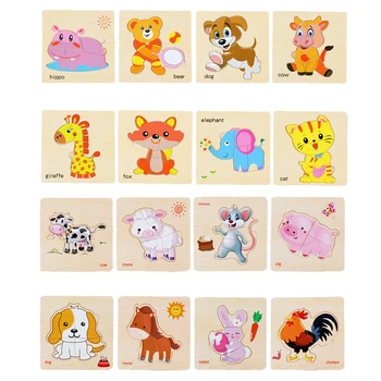 

16pc Kid Wooden Puzzle Jigsaw Toys Cartoon Animals Baby Car Puzzle Child Early Educational Learning Montessori Toy Baby Products