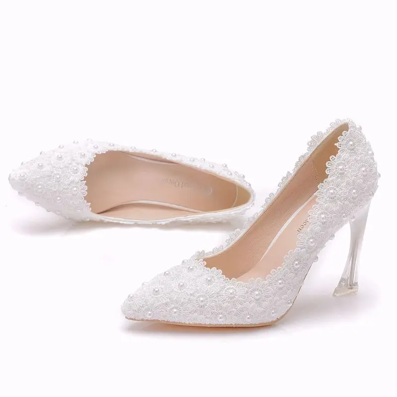 Fashion women thin high heels sexy party shoes women pumps wedding banquet Lace PU Rhinestones Slip On 9.5CM Pointed Toe white