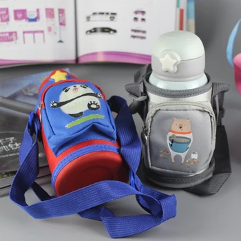 

High quality 550ml Stainless steel Travel Thermos Cup Children Portable Rope Bag Double Cap Vacuum Flask Baby Straw Water Bottle