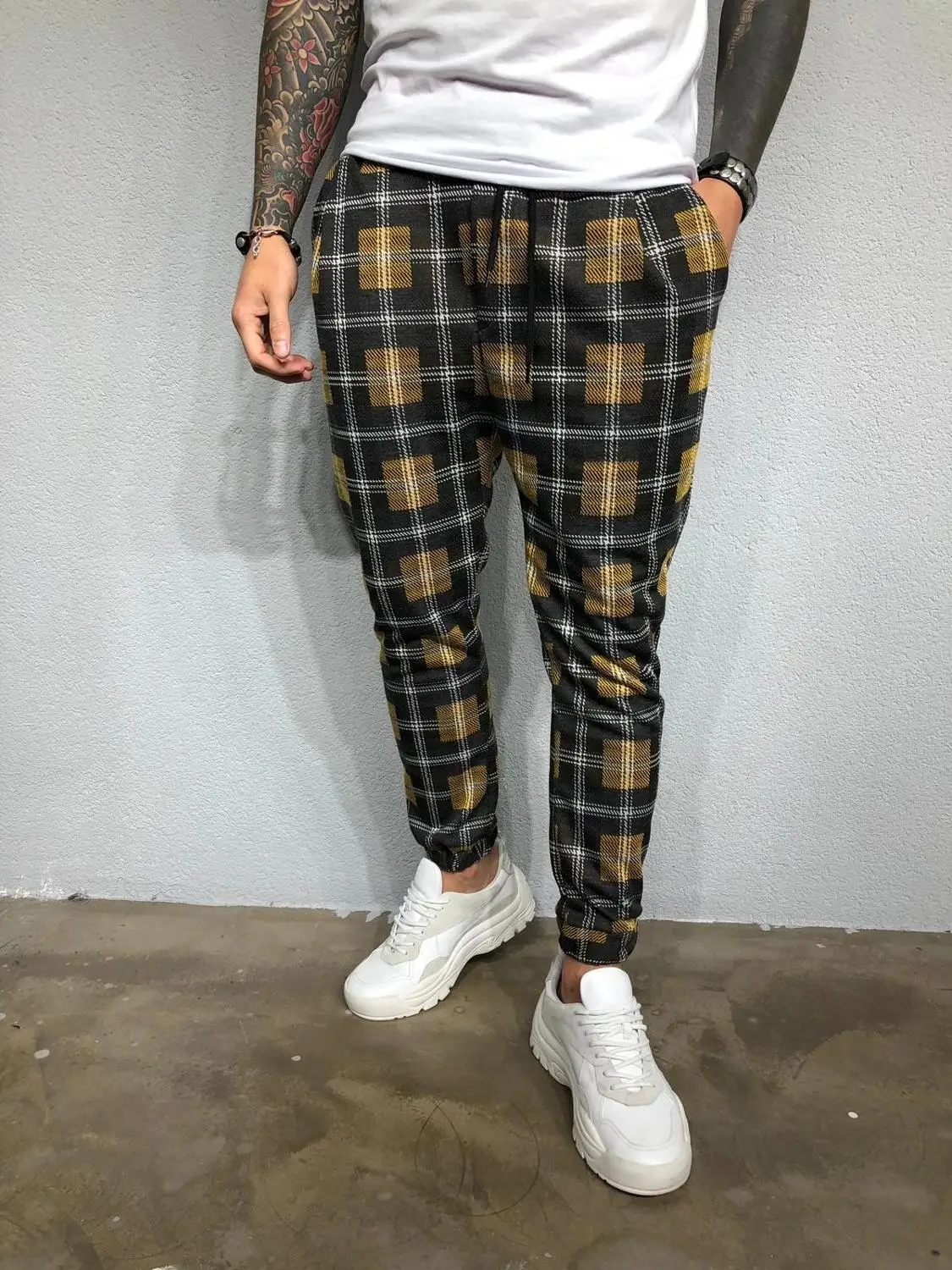 Модные мужские Slim Fit Брюки в клетку повседневные штаны для бега обтяжку новая