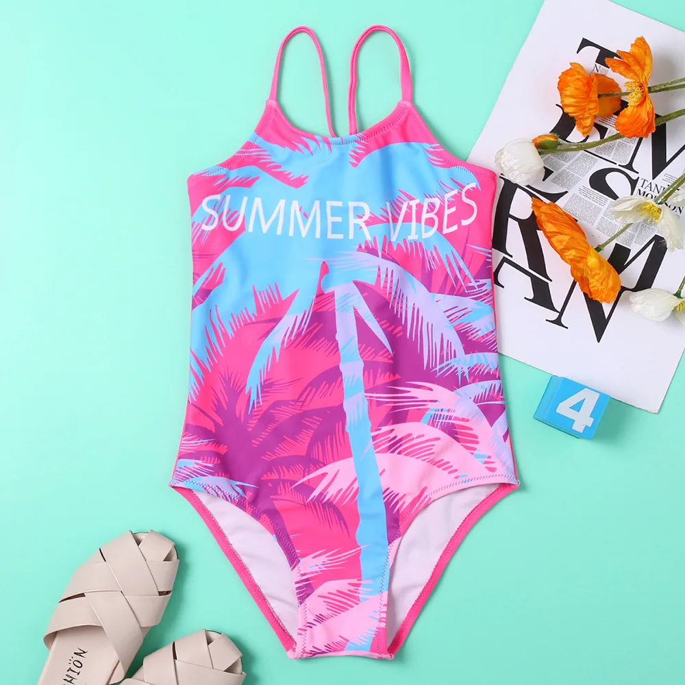 

7-14 Years Girls One Piece Swimsuit Kids Palm Tree Print Children's Swimwear Teenage Girl Bathing Suit Monokini Summer Beachwear