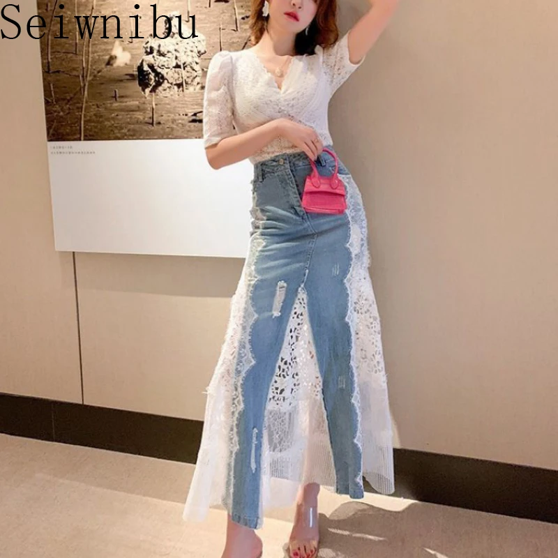 Women Summer 2020 Two Piece Set White Cutout Lace Blouse Top and Denim Stitching Skirts Outfits Sexy Sets Ladies Wear | Женская одежда