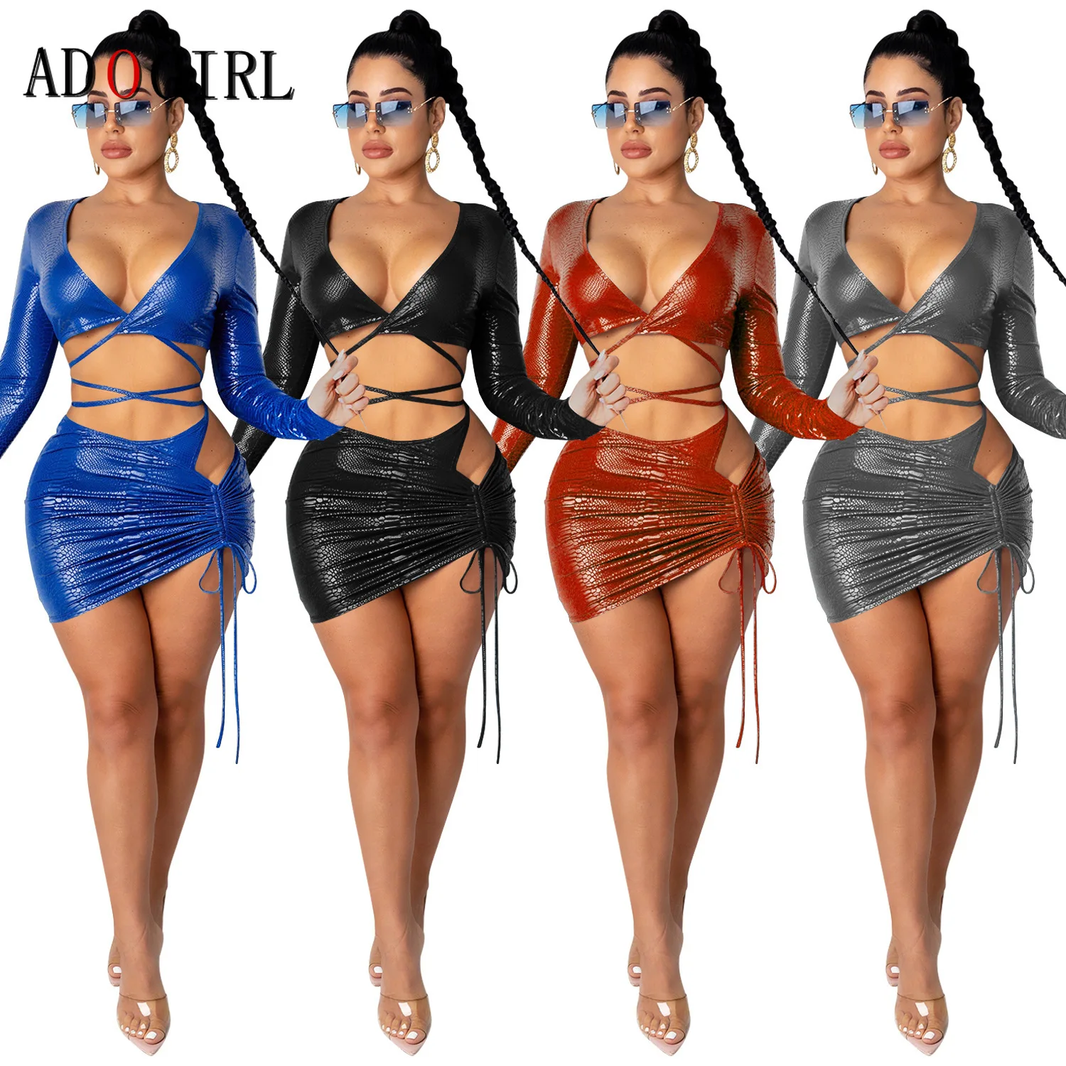 

Adogirl Two Piece Set Women Sexy Long Sleeve V Neck Crop Top And Mini Skirt 2 Piece Outfits Sexy Night Club Sets Plus Size