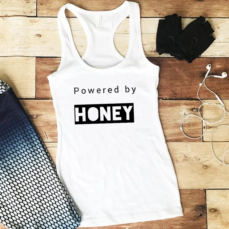 Powered By honey принт забавные буквы женские безрукавки без рукавов фестивальные жилеты повседневные хлопковые белые с открытыми плечами Графические футболки