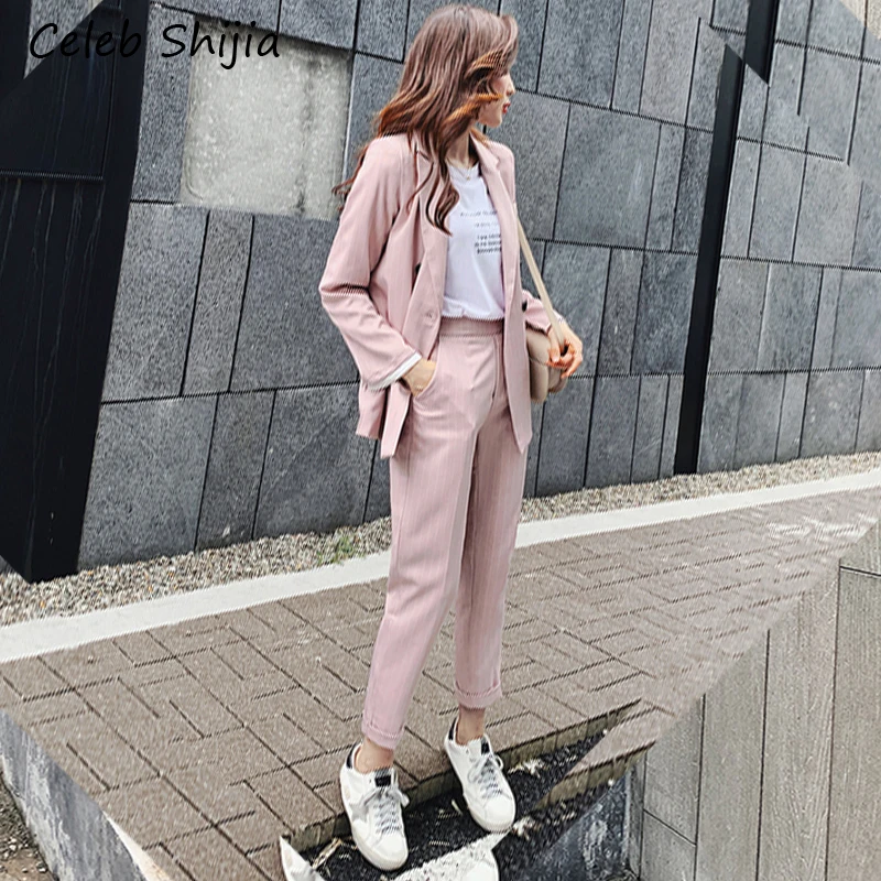

casual Woman stripe pink pant suit notched collar jacket blazer & pants business suits female Ol outfit