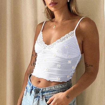 

HEYounGIRL White Lace Sexy Sleeveless Spaghetti Strap Top Summer Printed Backless Cami Crop Tops Women V Neck Printed Y2K V Neck
