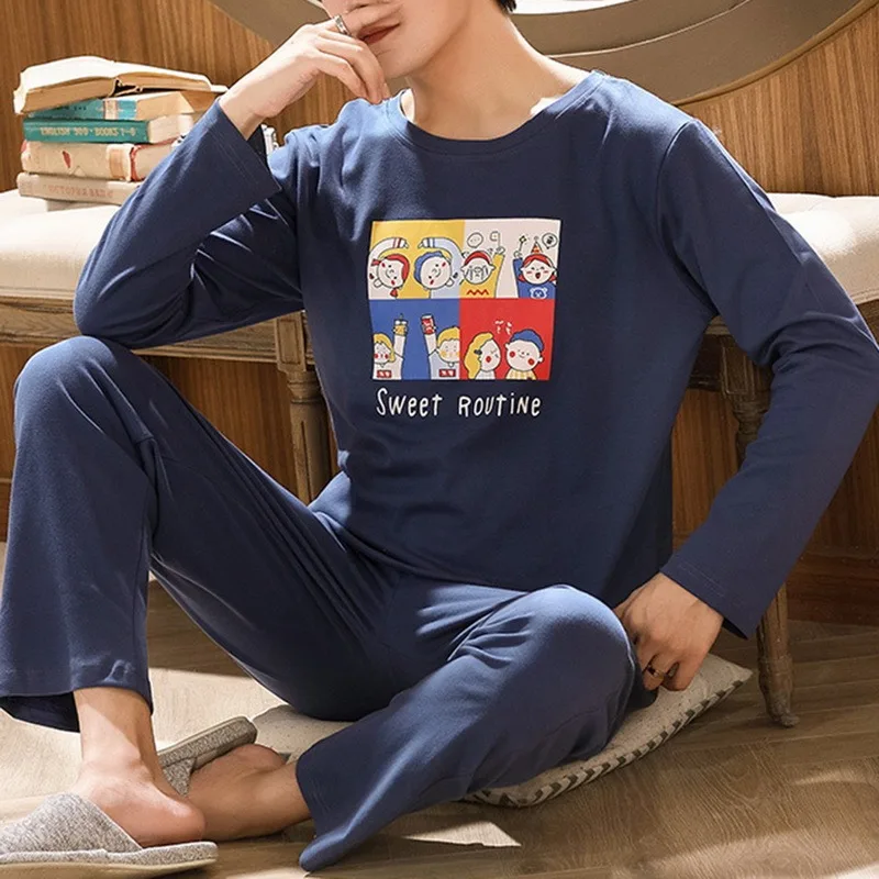 Autumn Winter Men&#39s Cotton Pajamas Letter Striped Sleepwear Cartoon Pajama Sets Casual Sleep&Lounge Pyjamas Plus Size 3XL men's pajama sets