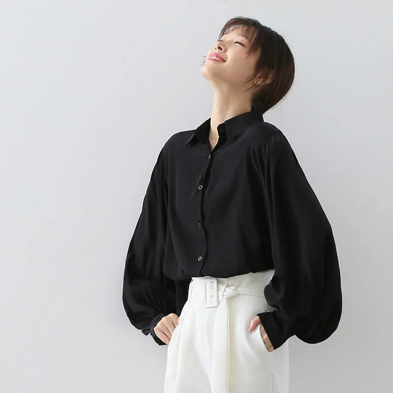

2019 autumn new retro lantern sleeve design blouse Korean version loose thin puff sleeve shirt female long sleeve