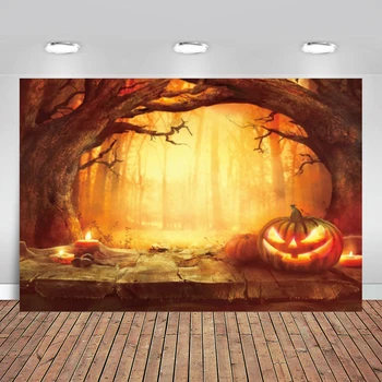 

Halloween Forest Backdrop Photography Old Tree Wooden Floor Candle Pumpkin Party Baby Scene Photo Background Photostudio