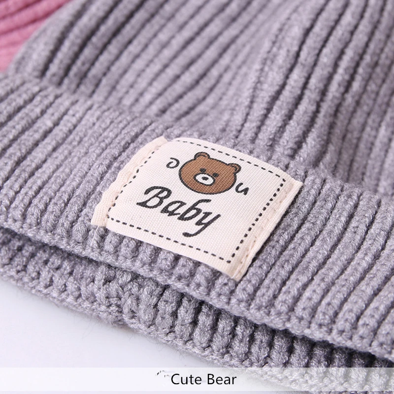 Baby Winter Warm Wool Knit Hats Cute Bear Letter Children Caps Girls Boys Casual Yellow Hat New Newborn Child Cartoon Cap
