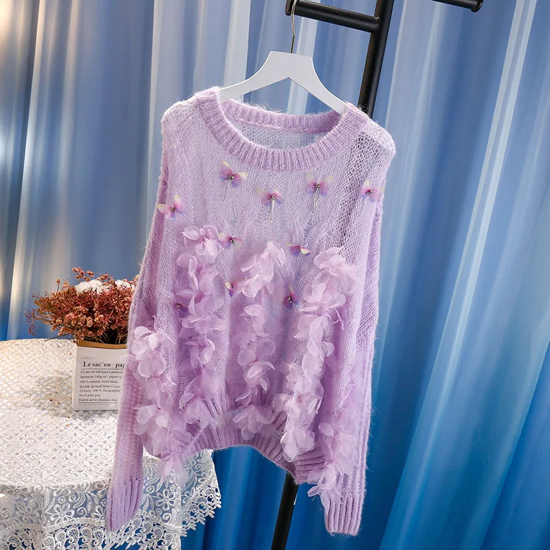 Beaded Flower Knitted Sweater for Female 2020