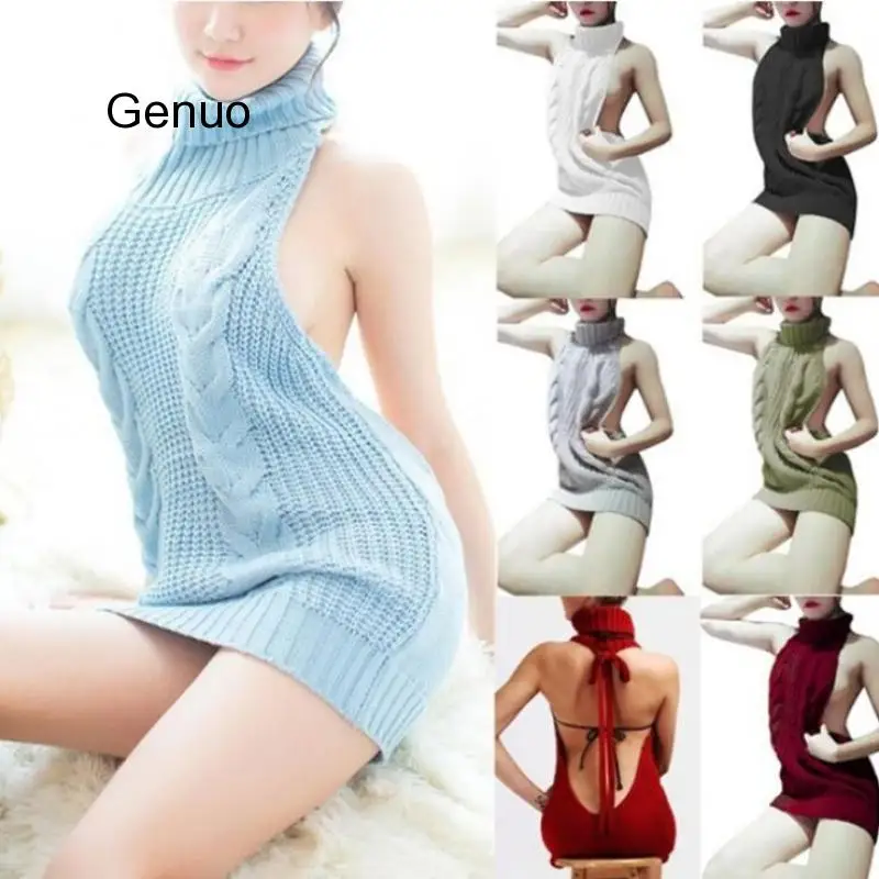 

2020 Summer New Turtleneck Sleeveless Long Virgin Killer Sweater Japanes Knitted Sexy Backless Women Sweaters And Pullovers