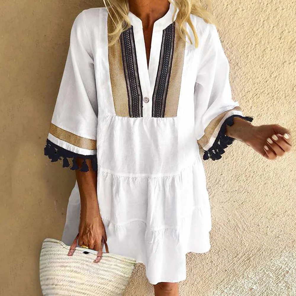 

MoneRffi Summer Dress 2020 Woman Vintage Printed Half Sleeve V Neck Party Dress Loose Mini Dresses Bohemian Vestidos Femme Robe
