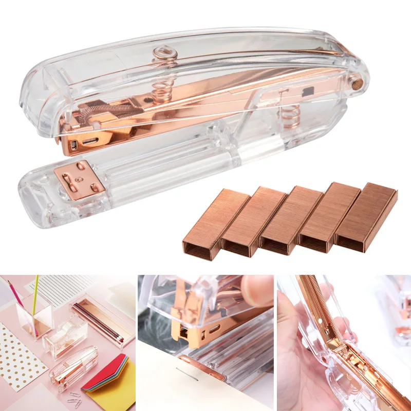 

Rose Gold High-grade Transparent Plastic Stapler Office Study Binding Machine ING-SHIPPING