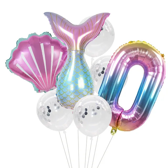 Little Mermaid Party Balloons 32inch Number Foil Balloon Kids Birthday Party Decoration Supplies Baby Shower Decor Helium Globos 7pcs number0 set