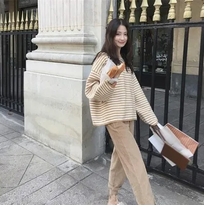 Khaki camel Вязаный женский комплект из 2 предметов, Осень-зима, толстый теплый свитер с круглым вырезом+ вельветовые штаны, теплый свитер в полоску, плюс размер, костюм - Цвет: Khaki camel