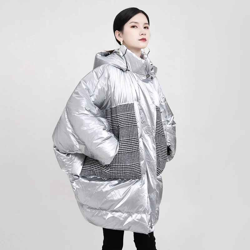 TWOTWINSTYLE, повседневные, лоскутные, клетчатые, хлопковые, для женщин, с капюшоном, воротник, длинный рукав, рукав летучая мышь, женские парки,, модная одежда