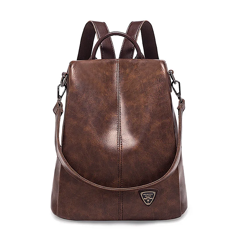 

2020 new retro leather backpack ladies multi-use crazy horse leather badge anti-theft backpack school bag