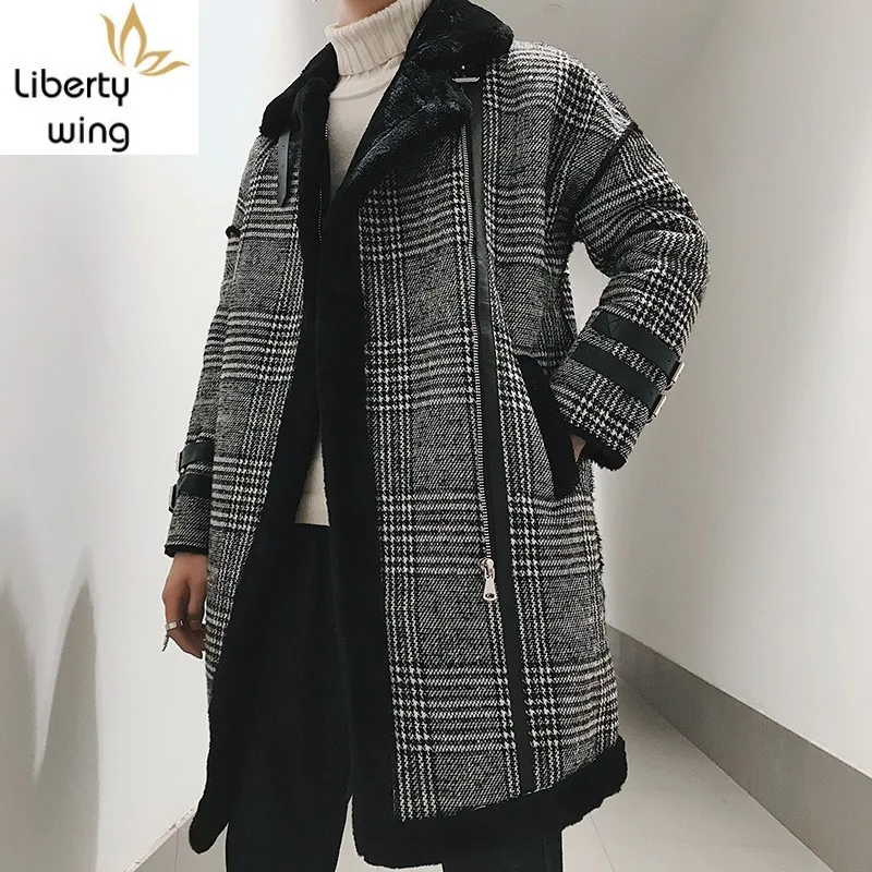 

Men Suede Cotton Coats Autumn Winter Loose Thick Warm Outerwear Fashion Streetwear Plaid Zipper Long Sleeve Trench Coat
