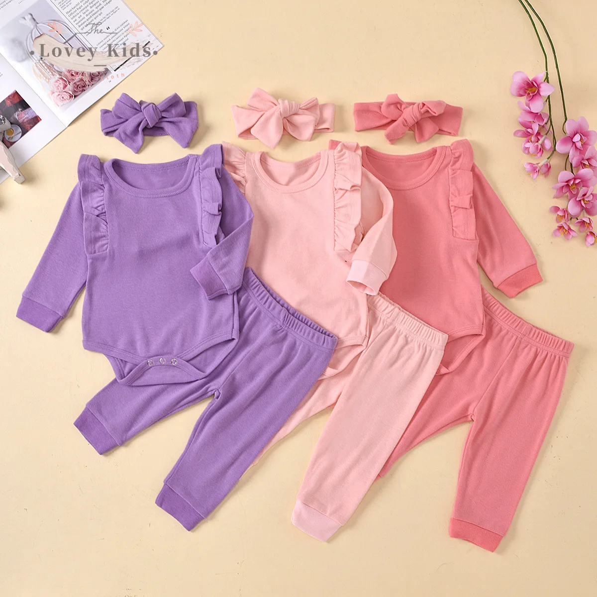 

Baby Girls Outfits Three Piece Set 2021 Ruffle Long Sleeve O Neck Tops Pants Headband Cotton Solid Boutique Toddler Clothes