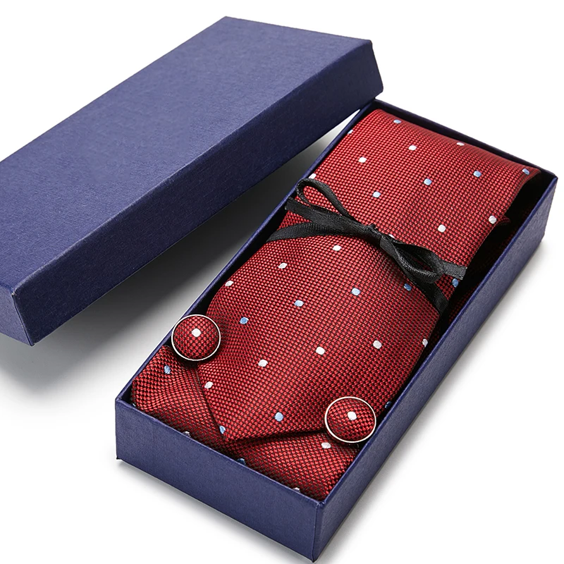 

Luxury Tie Set 3pcs for Men Wedding Party 100% Red Dot Tie Set Hanky &Handkerchief &Cufflinks With Gift Box