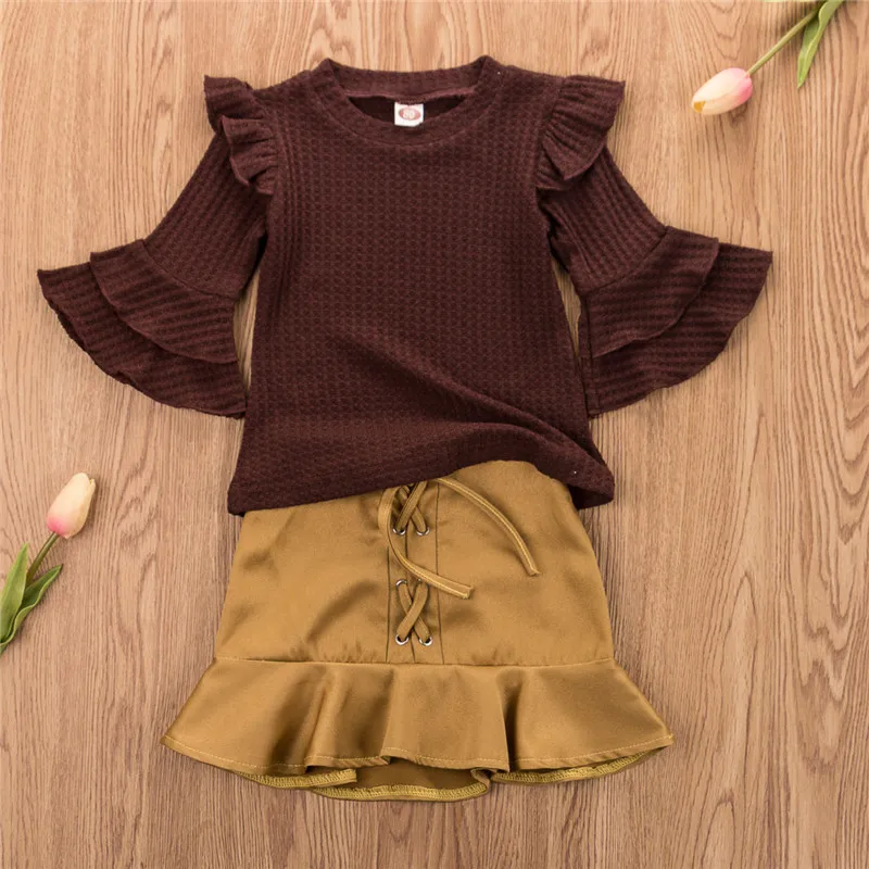 Расклешенные топы с оборками и длинными рукавами, короткая мини-юбка, комплект одежды для маленьких девочек на осень, весну, зиму