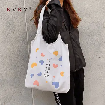 

2020 NewTote Bag Female Shoulder Japanese Simple Student Printed Fruit Small Fresh Literary Ladies Canvas Eco Bags Shopper White