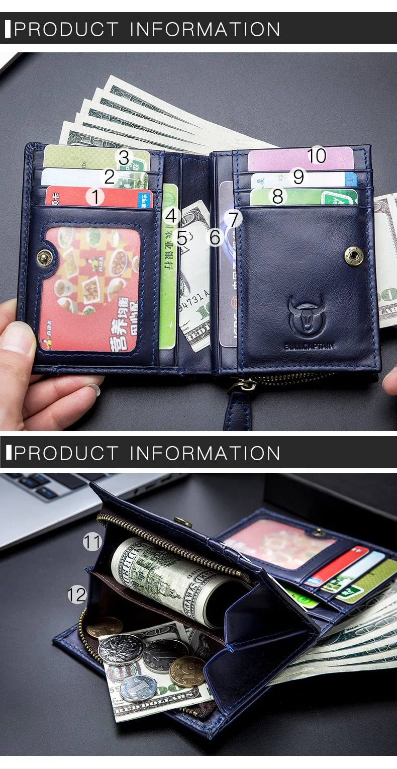 BULLCAPTAIN RFID мужской кожаный кошелек, мужской кошелек для монет на молнии, кошелек для карт, кошелек для монет, держатель, сумка для кредитных карт