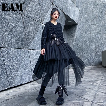 

[EAM] Women Black Mesh Knitting Big Size Dress New Round Neck Long Sleeve Loose Fit Fashion Tide Autumn Winter 2020 1DB868