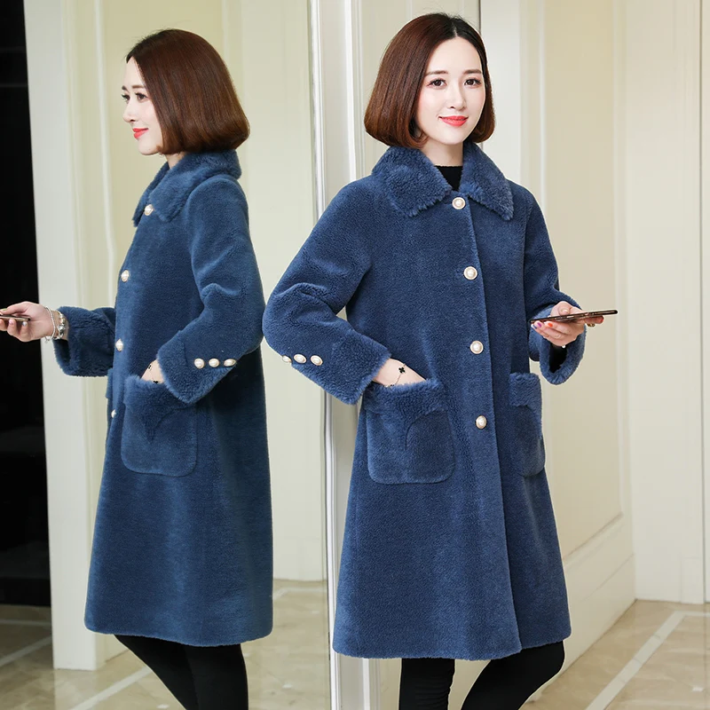 dark blue 18 real Натуральное овечье меховое пальто, шерстяное пальто, зимняя куртка, Женская Повседневная парка, длинное пальто с пуговицами - Цвет: dark blue 18 real