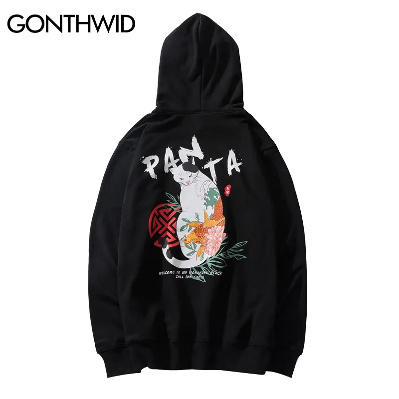 

GONTHWID Japanese Style Tattoo Cat Fish Koi Carp Print Hooded Sweatshirts Pullover Hoodies Streetwear Hip Hop Harajuku Casual Tops