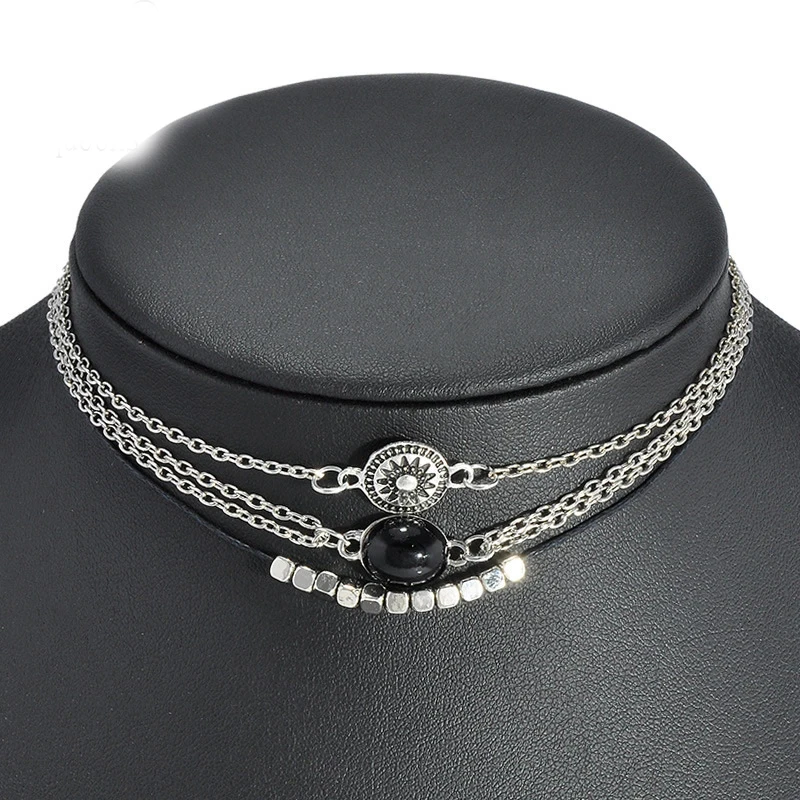 3 шт./компл. черный камень колье для женщин три слоя металлический блок и резной