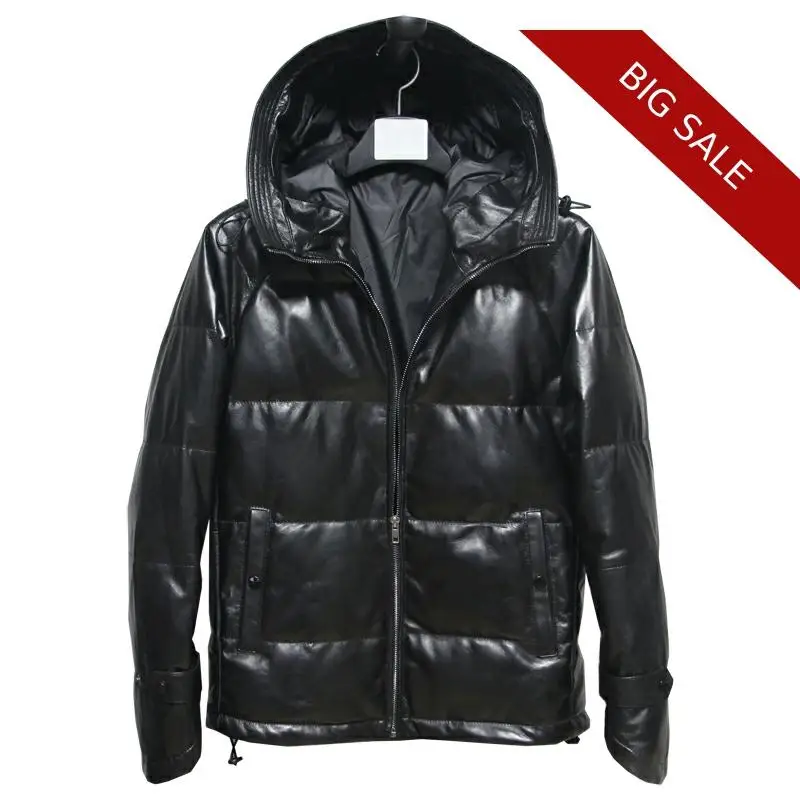 

2020 Black Men Winter Thick Hood Leather Down Jacket Plus Size XXXXL Goose Feather Genuine Sheepskin Russian Warm Down Coat