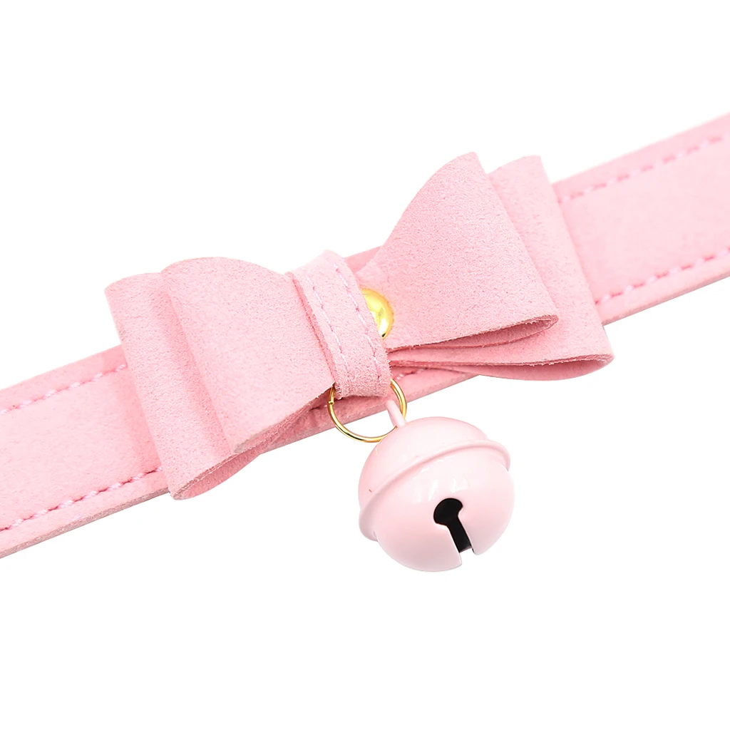 PU Leather Bow Collar Necklace Choker with Bell Cosplay Kitty Necklace Pink