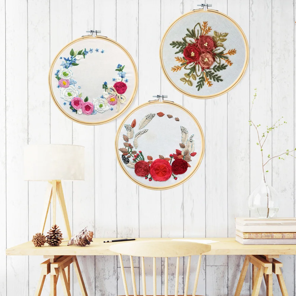 DIY Embroidery Kit Bordado Beginner Handwork Needlework Cross Stitch Kit Ribbon Painting Embroidery Hoop Home Decoration
