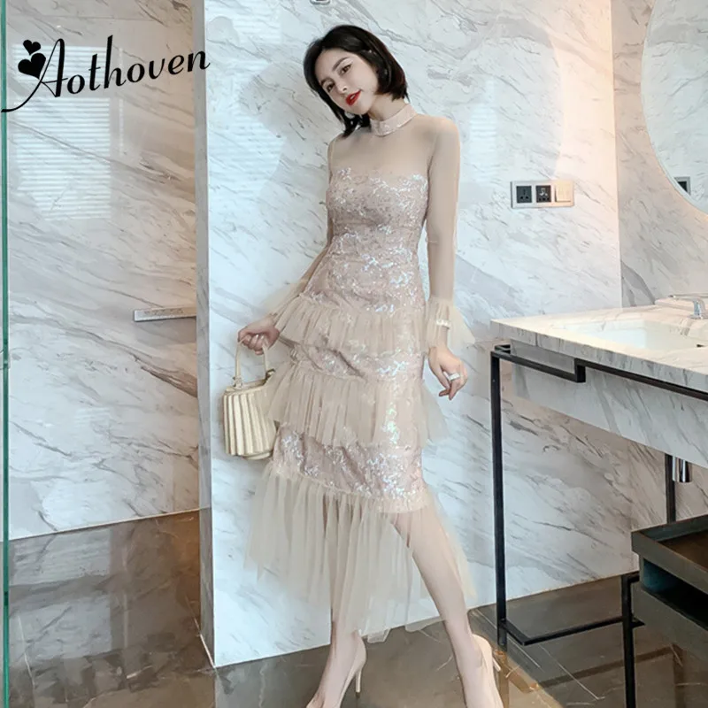 

Женское платье с воротником-стойкой и длинным рукавом, Осеннее Сетчатое платье с каскадными оборками, элегантные бандажные облегающие вечерние платья, 2019