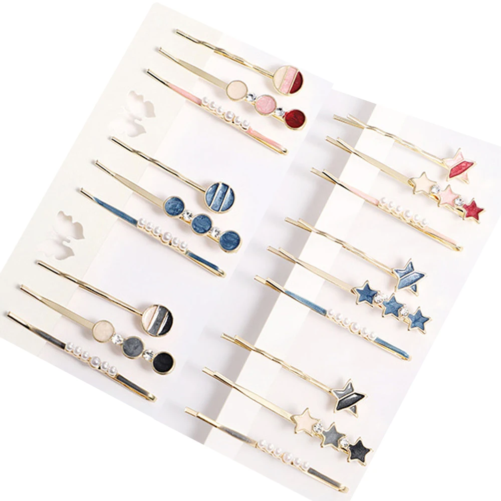 Hair-Clip Geometric Rhinestone Heart Women Metal-Alloy Love Round 3pcs Star Five-Pointed