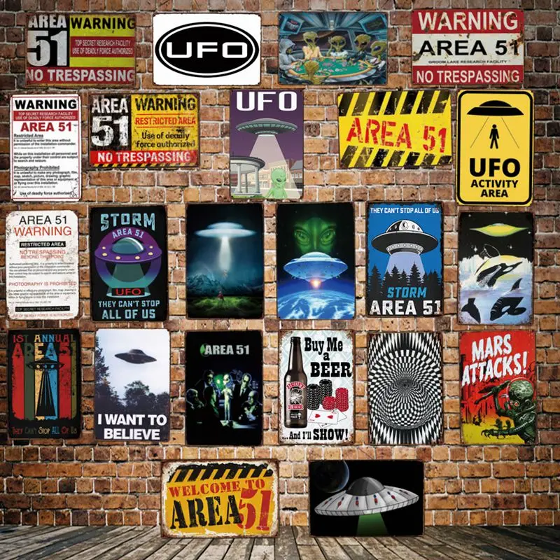 

[ WellCraft ] UFO STORM 51 AREA Retro Tin Sign Wall Posters art Vintage Painting Personality Custom Metal Plaque Decor LT-1768