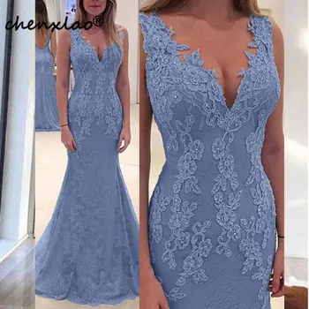 

Sky Blue Evening Dresses Long Lace V-Neck Sleeveless Floor Length Formal Gowns Evening Party Dress Formal Gowns vestidos