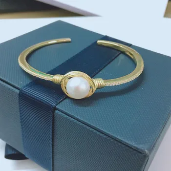 

SLJELY Luxury Brand 925 Sterling Silver Yellow gold color INTEMPOREL White Pearl Open cuff Bangle Bracelet Women Fashion Jewelry