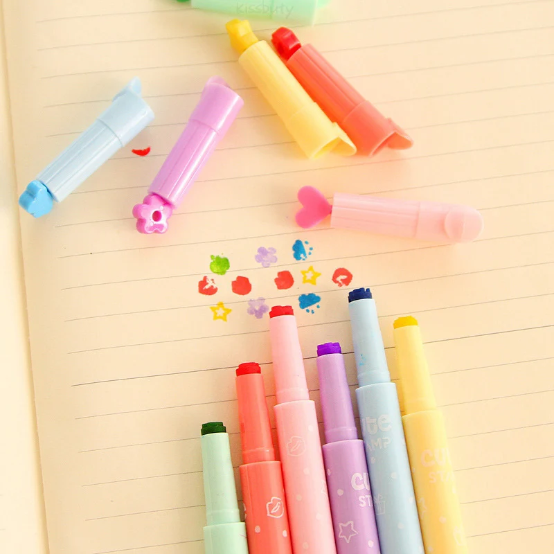 6 개/대 귀여운 캔디 컬러 형광펜 펜 잉크 크리 에이 티브 마커 스탬프 형광 펜 학교 용품 사무 문구