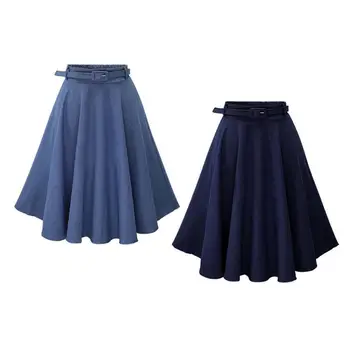

Womens Summer Faux Denim Midi Long Pleated Flared Swing Skate Skirt Elastic Waist A-Line Knee Length Casual Wear with Belt