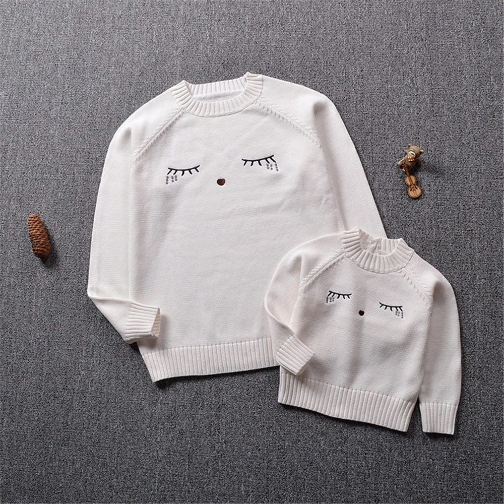 

New Cotton Family Matching Sweaters Mother Daughter Eyelash Pattern Embroidery Sweater Mommy and Me Warm Tops Clothes Outfit