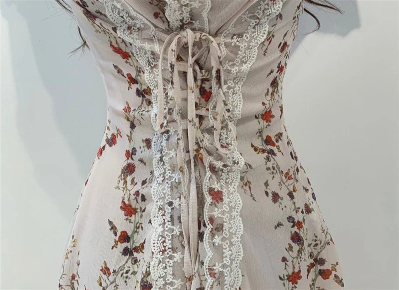 Lace Chiffon Mini Dress Women New Arrivals V-neck Lace Up Slim-fit Floral Print Flared Sleeve Dresses Sweet Sexy Female Spring A
