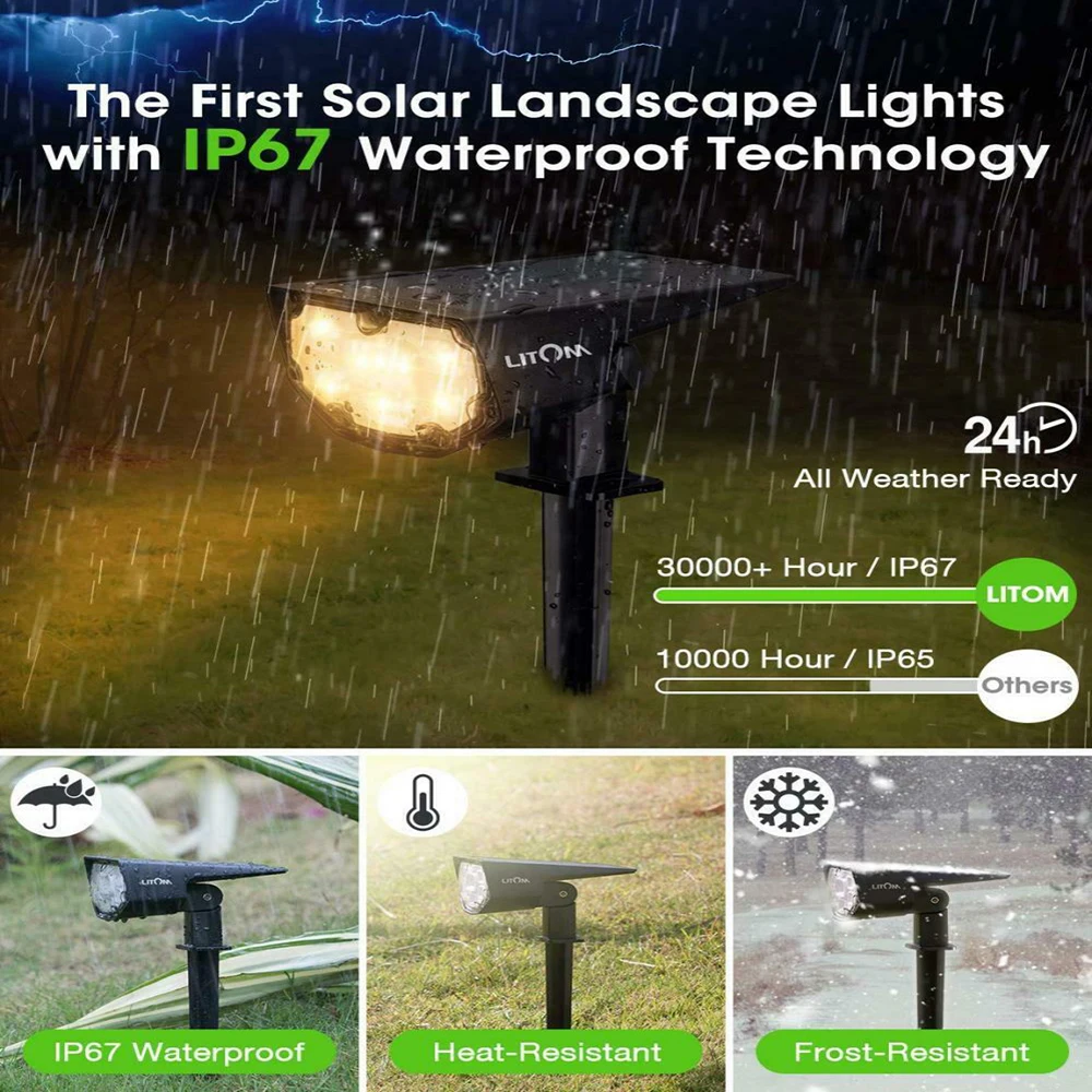 2Pcslot LITOM 12 LED Solar Light Outdoor IP67 Waterproof Warm White Lamp 2 Lighting Modes 2-in-1 Adjustable Solar Spotlights