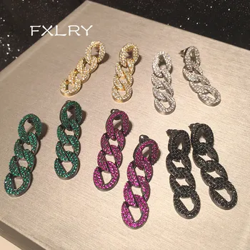 

FXLRY Celi chain earrings fashion luxury ins Color mosaic zircon long earrings Women Fashion Jewery