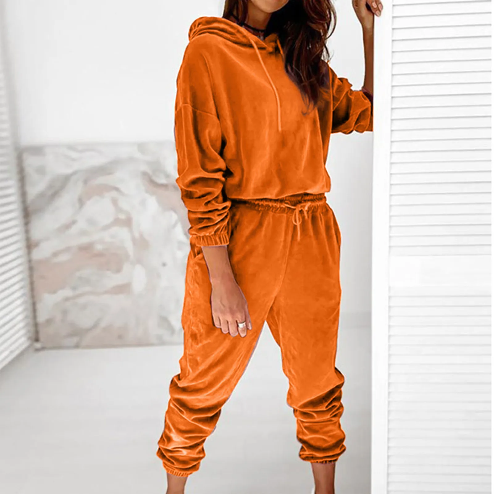 Women's Sports Clothing Set Female Autumn Winter Solid Colour Hooded Long Sleeve Casual Suit Jogging Tracksuit Outfits 2