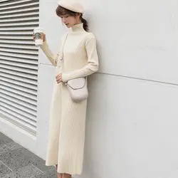 Корейский стиль, высокий воротник, базовое трикотажное платье для женщин, осень 2018, новый стиль, прямой крой, длинный свитер, платье F5591